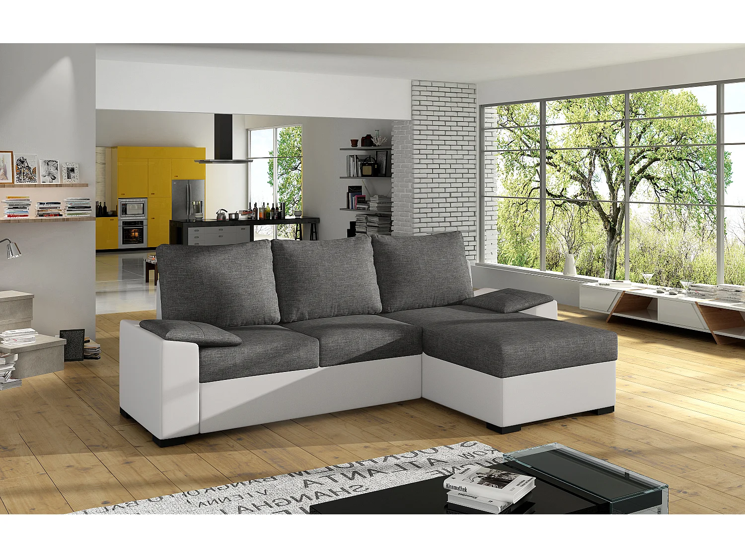 Canapé angle convertible et réversible simili blanc et tissu gris foncé Luzo 245cm