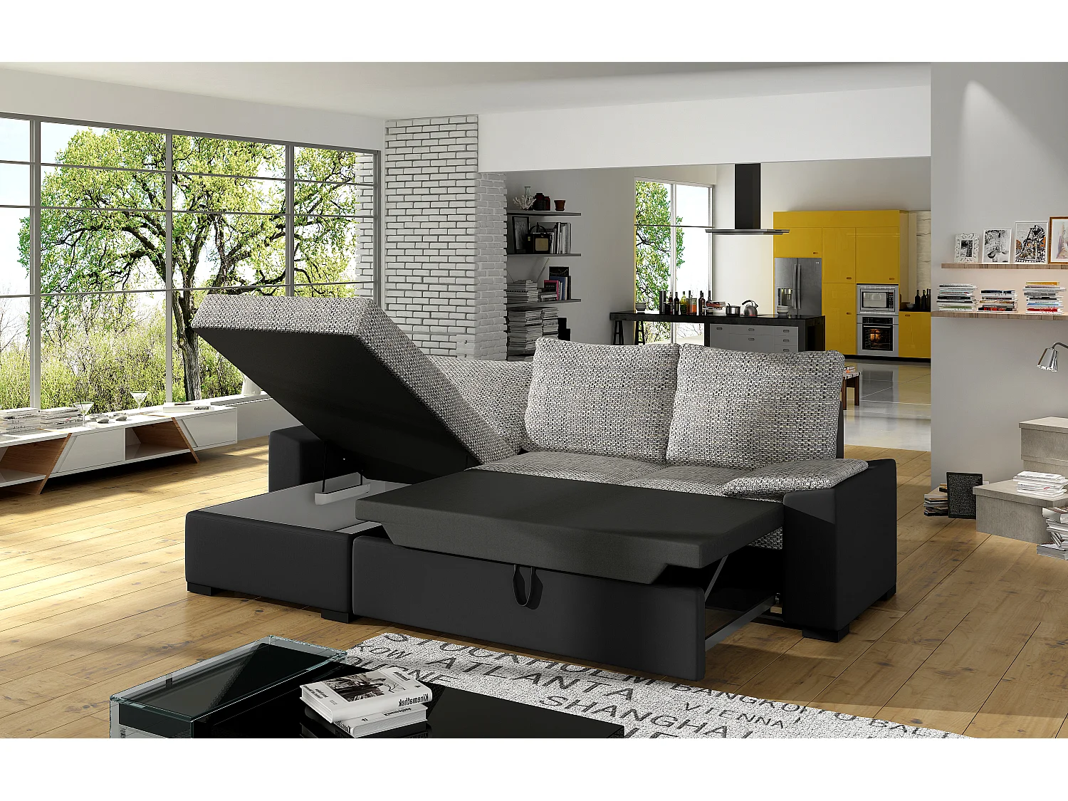 Canapé angle convertible et réversible simili blanc et tissu gris foncé Luzo 245cm