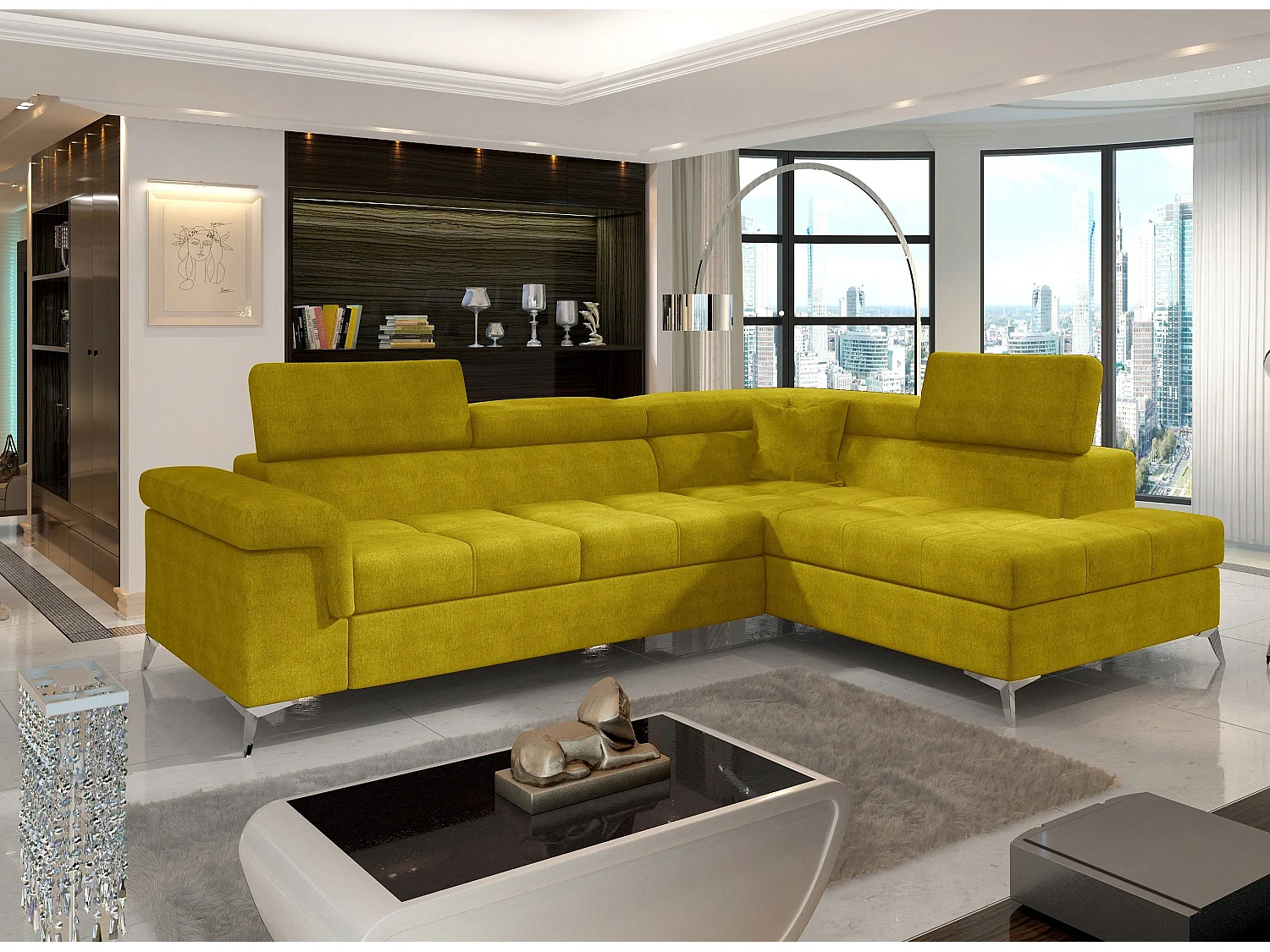 Canapé convertible d'angle droit tissu jaune moutarde Marido 275cm