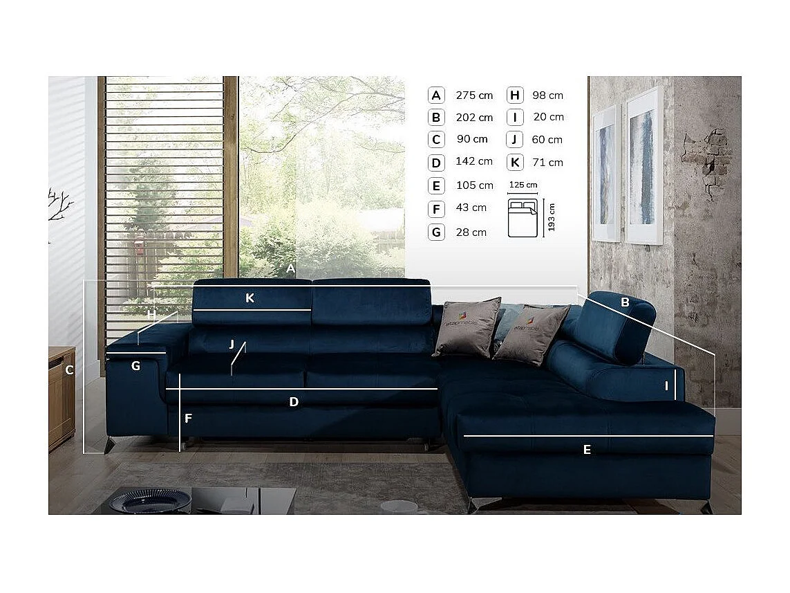 Canapé convertible d'angle droit tissu jaune moutarde Marido 275cm