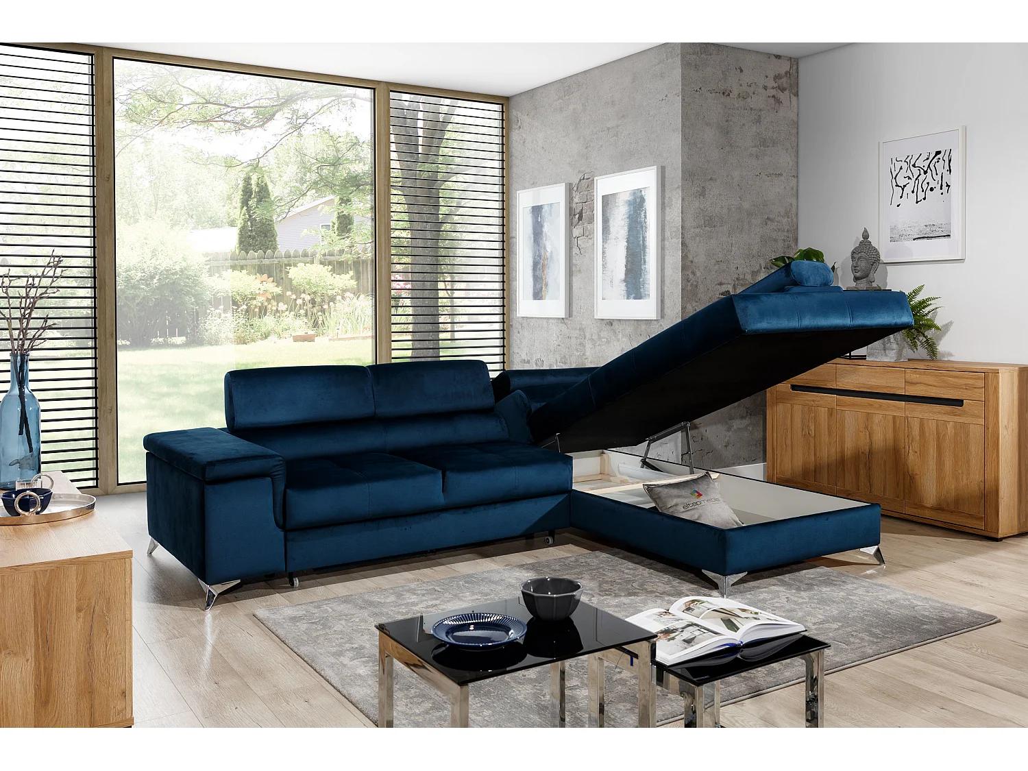 Canapé convertible d'angle droit tissu jaune moutarde Marido 275cm