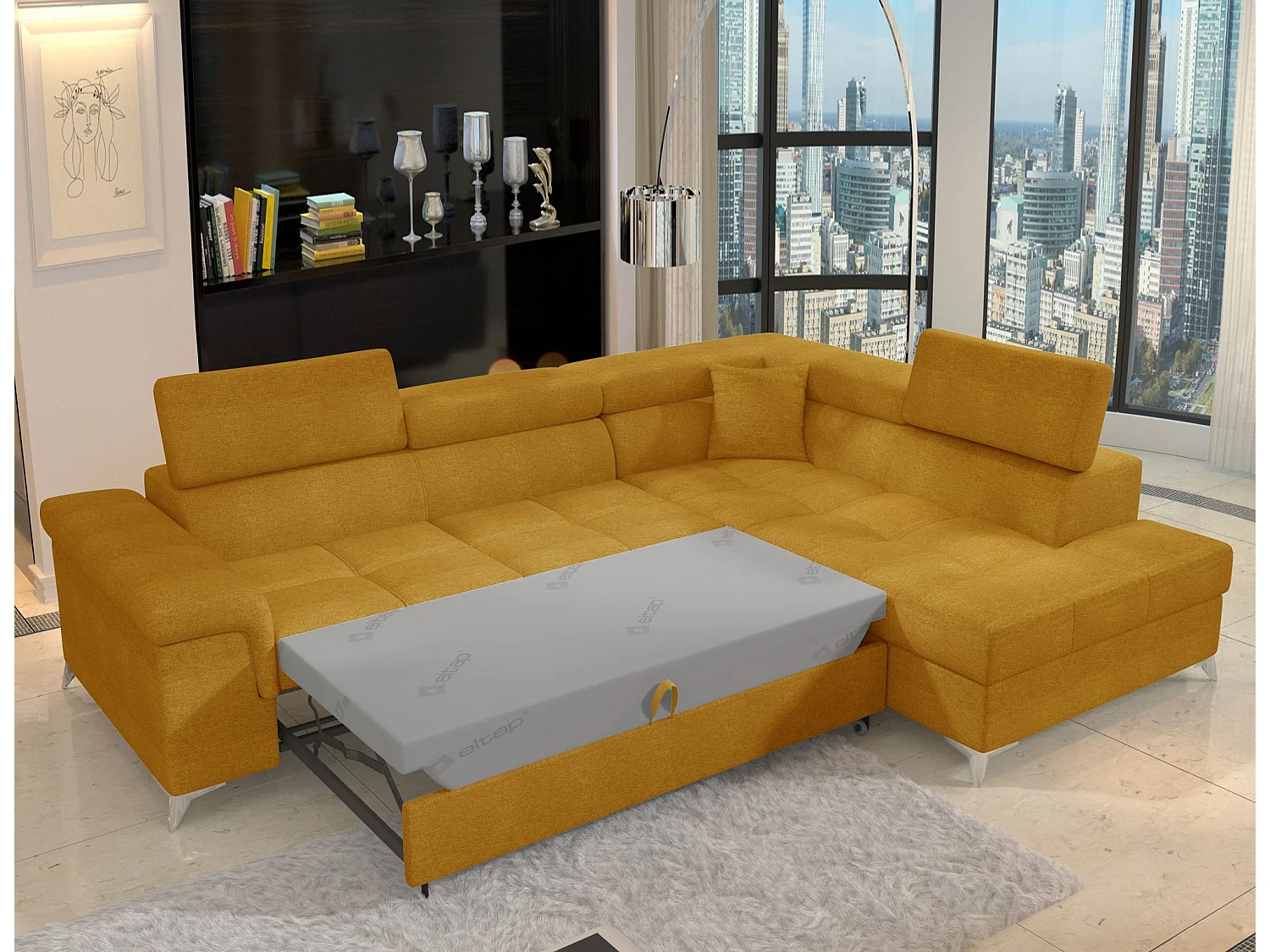 Canapé d'angle convertible tissu MARIDO - Coffre et appuis-tête réglables-Jaune chamoix-angle droit