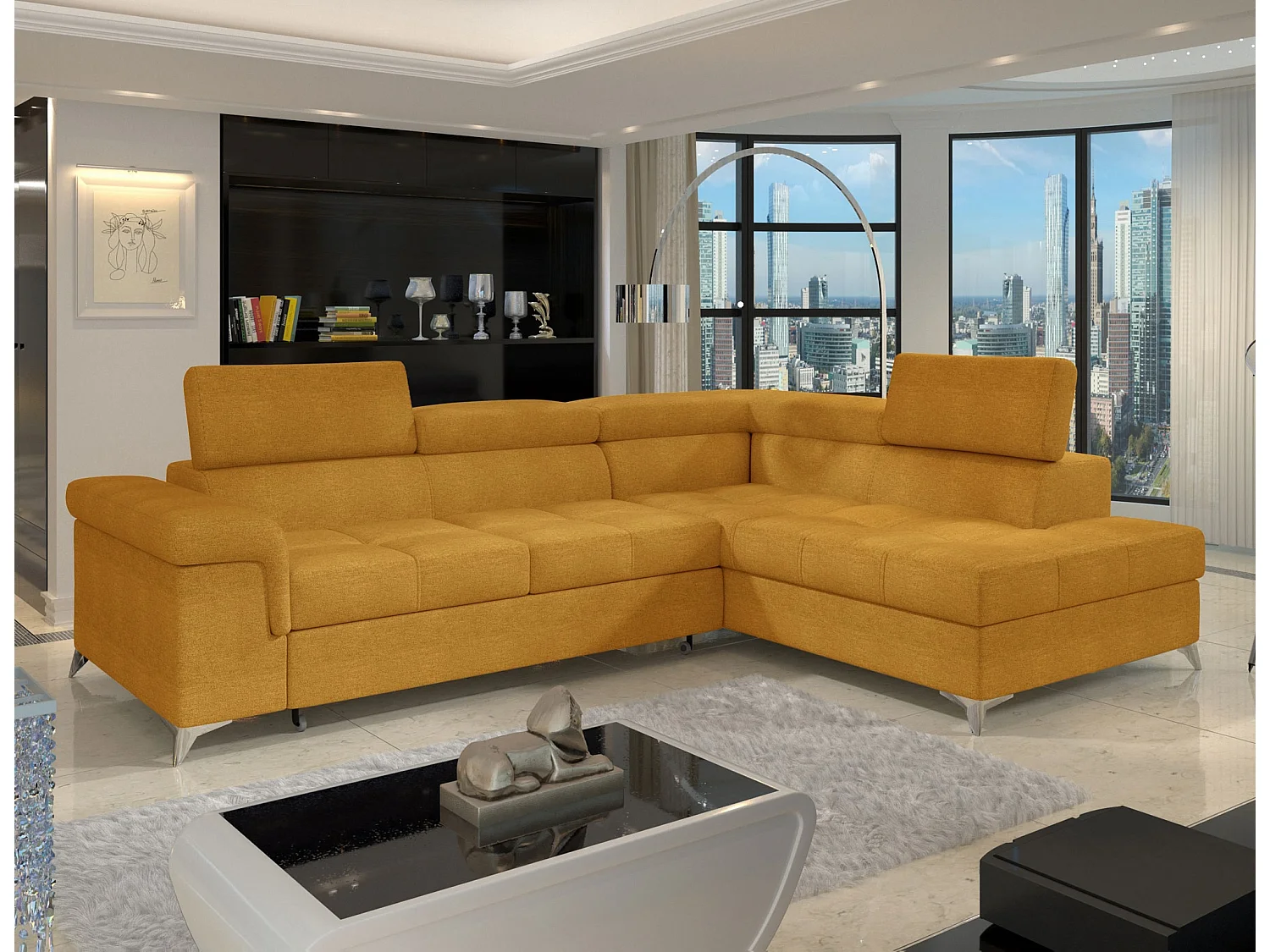 Canapé d'angle convertible tissu MARIDO - Coffre et appuis-tête réglables-Jaune chamoix-angle droit