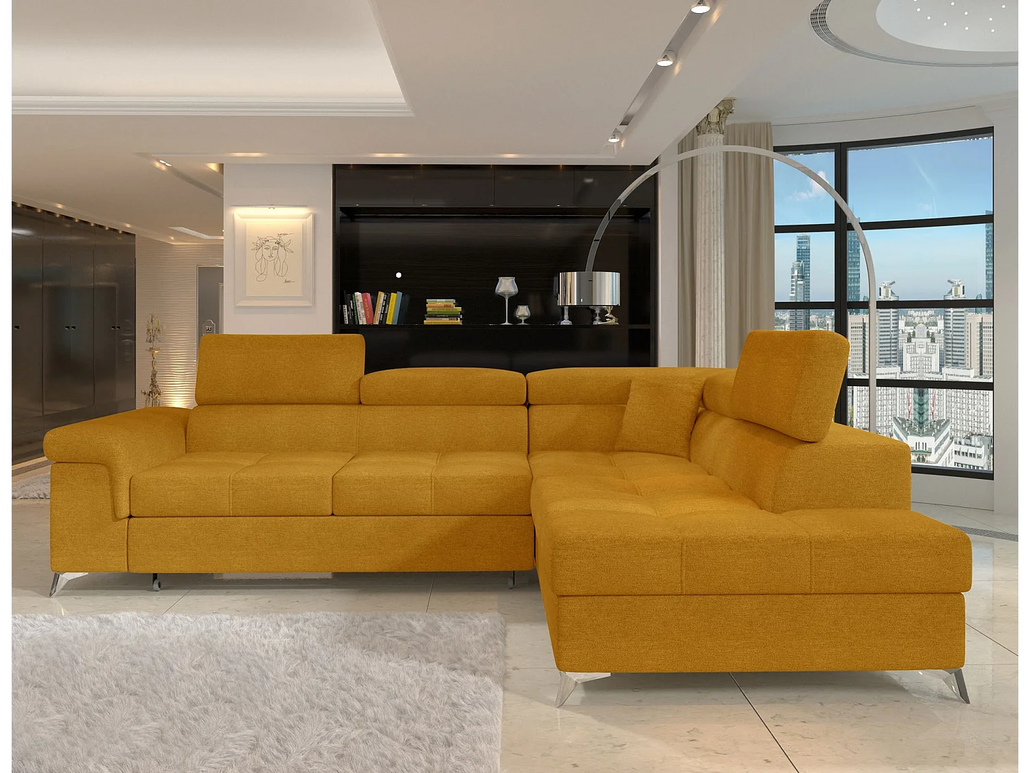 Canapé d'angle convertible tissu MARIDO - Coffre et appuis-tête réglables-Jaune chamoix-angle droit