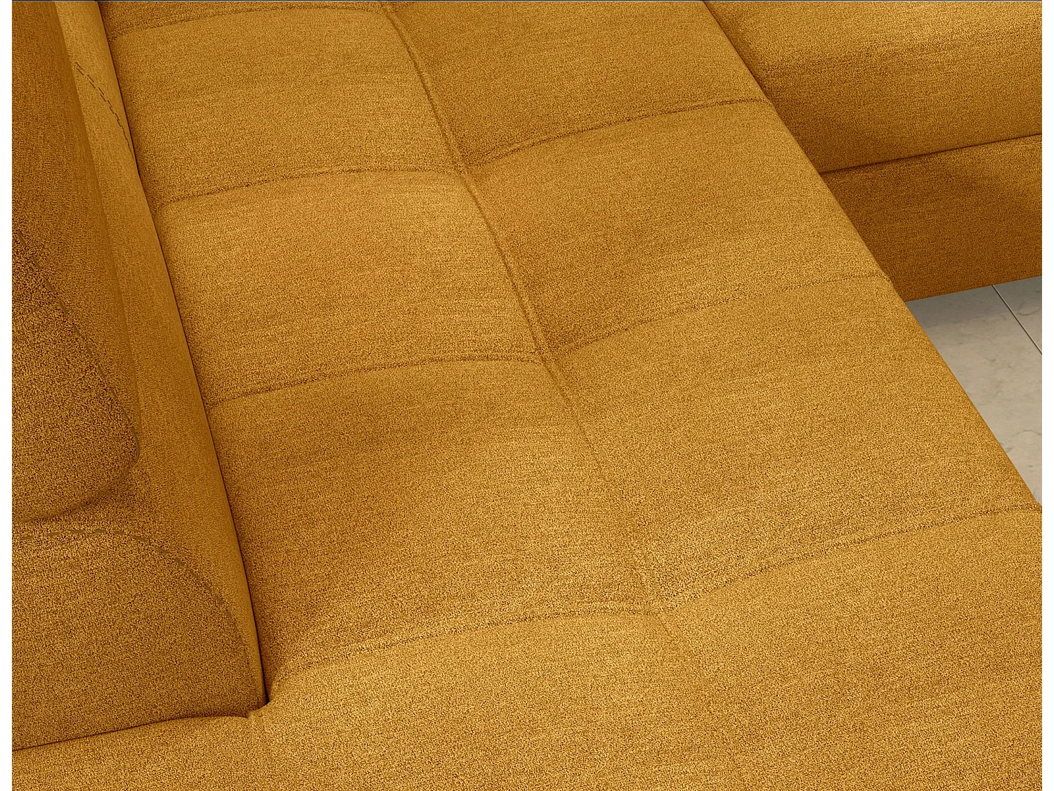 Canapé d'angle convertible tissu MARIDO - Coffre et appuis-tête réglables-Jaune chamoix-angle droit