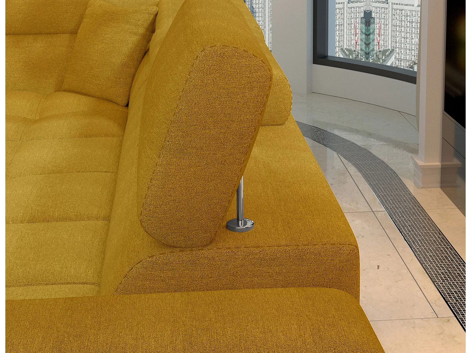 Canapé d'angle convertible tissu MARIDO - Coffre et appuis-tête réglables-Jaune chamoix-angle droit