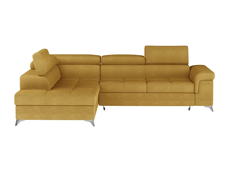 Canapé d'angle convertible tissu MARIDO - Coffre et appuis-tête réglables-Jaune chamoix-angle droit