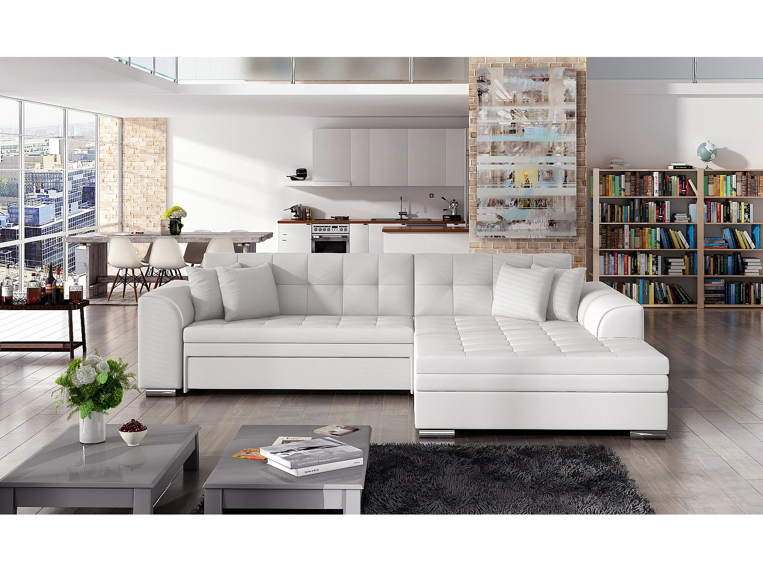 Canapé d'angle droit convertible 4 places simili blanc Looka 295cm