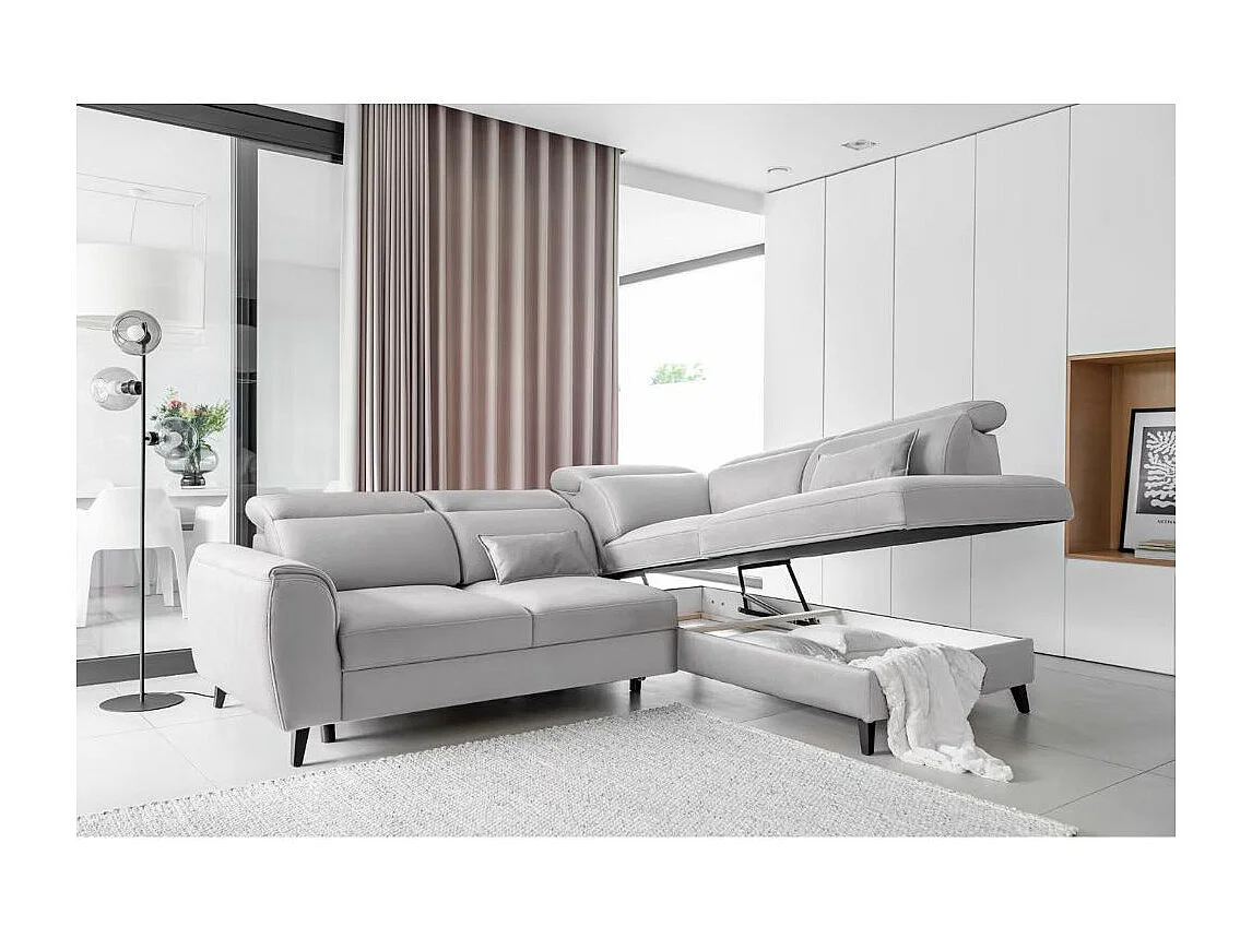 Canapé d'angle convertible avec rangement velours NOBLESSE - Pieds bois noir-Gris clair-angle droit