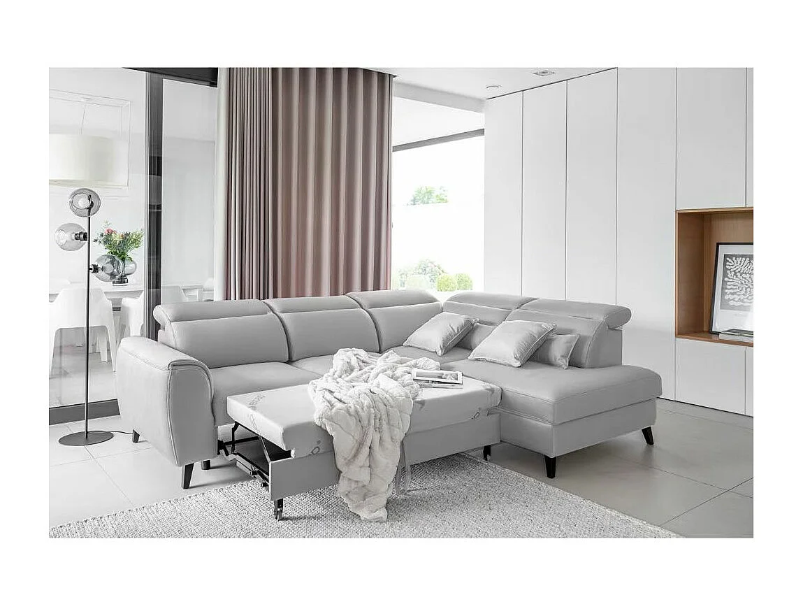 Canapé d'angle convertible avec rangement velours NOBLESSE - Pieds bois noir-Gris clair-angle droit