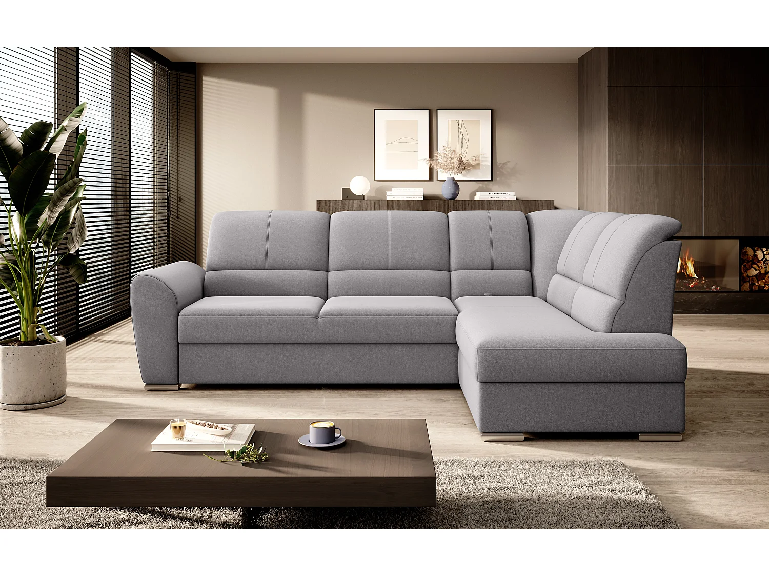 Canapé angle droit convertible tissu gris clair et pieds acier chromé Zabor 270cm