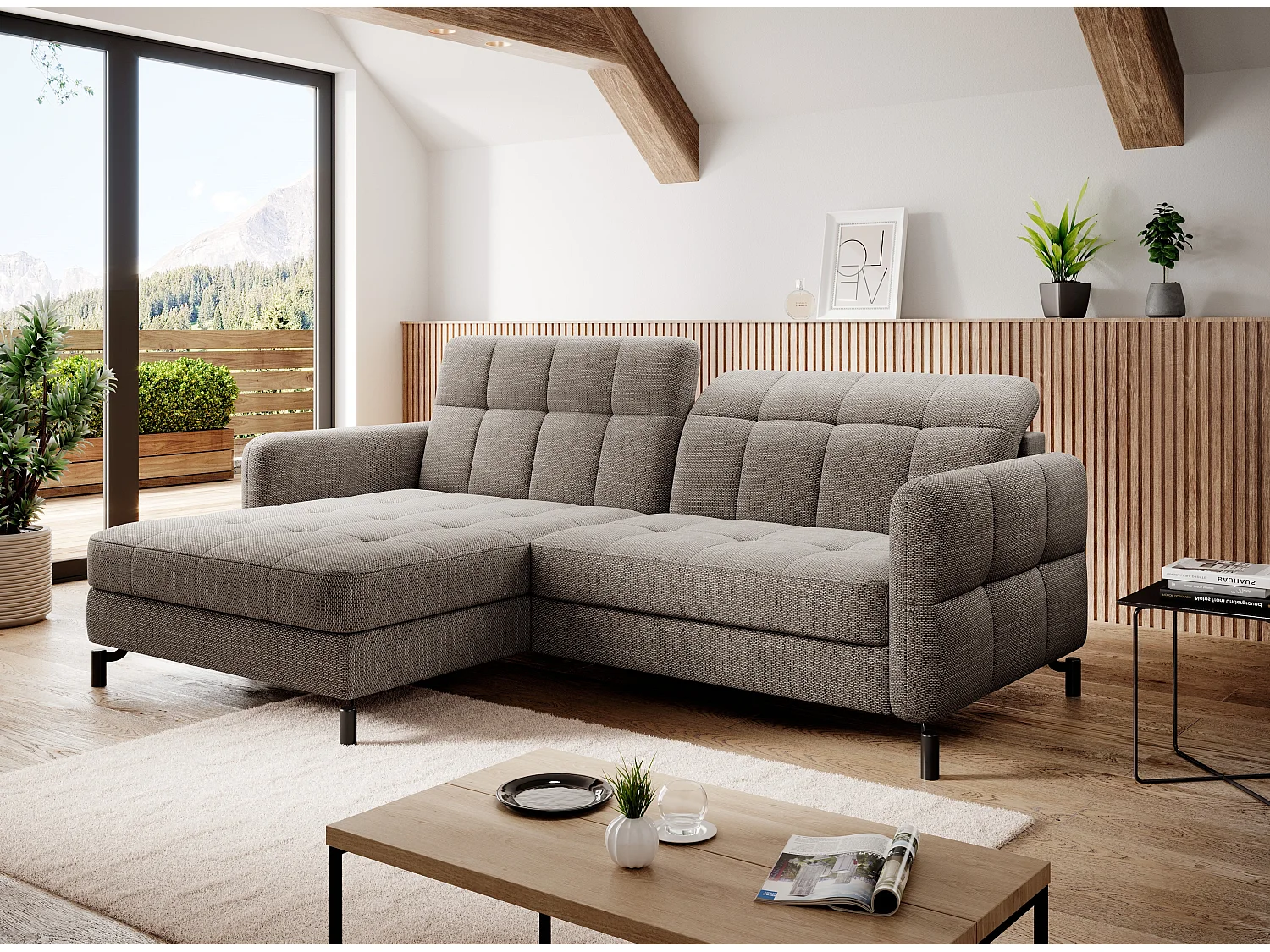 Canapé convertible tissu matelassé taupe chiné angle gauche Lory 225cm