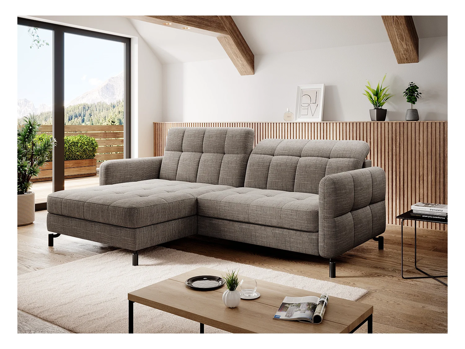 Canapé convertible tissu matelassé taupe chiné angle gauche Lory 225cm