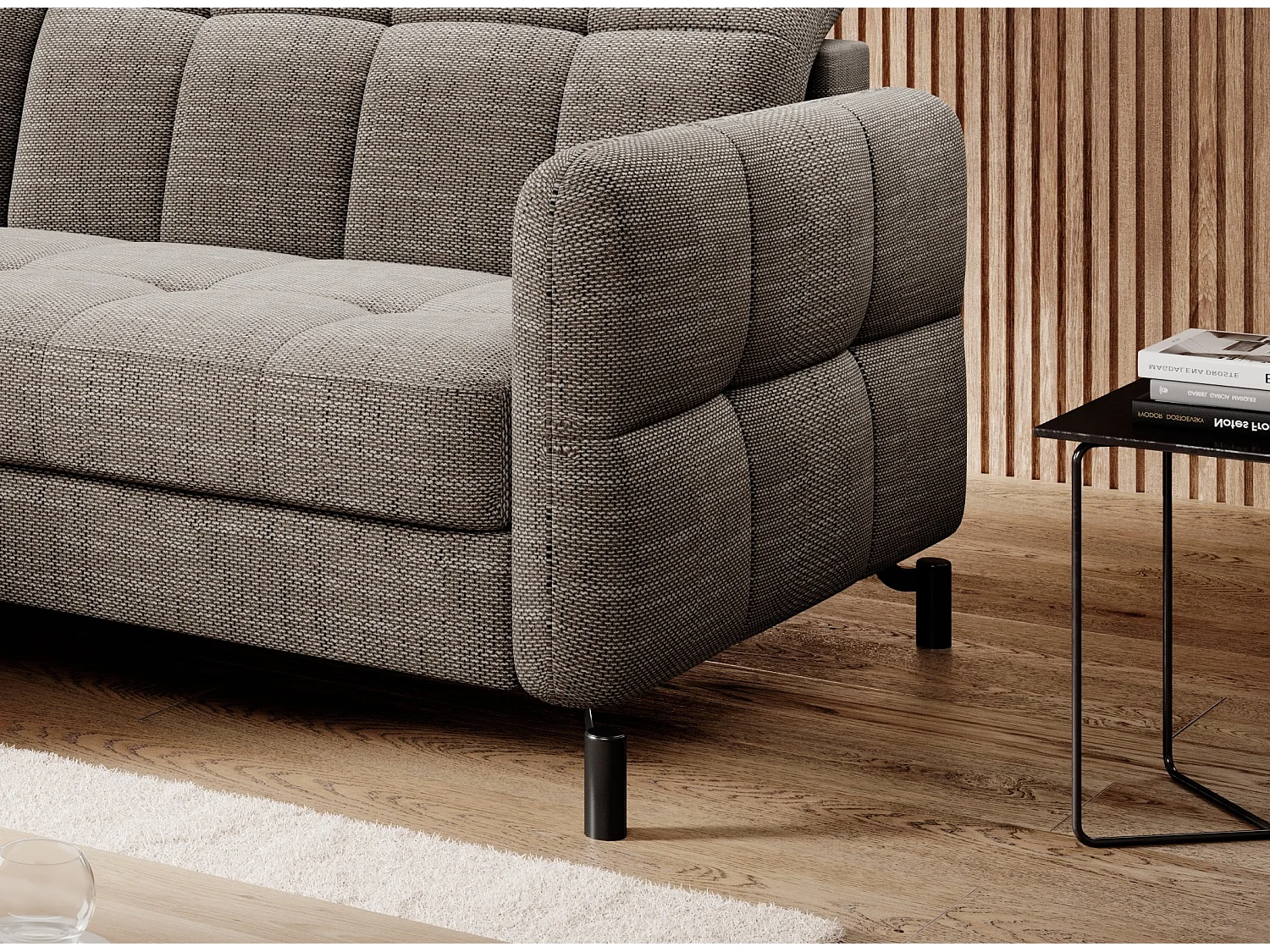 Canapé convertible tissu matelassé taupe chiné angle gauche Lory 225cm