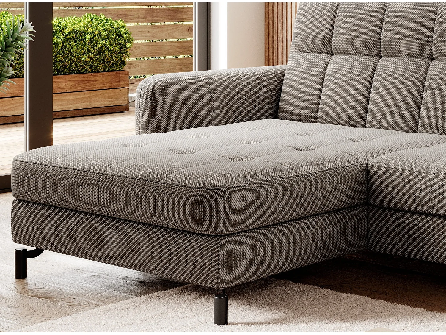 Canapé convertible tissu matelassé taupe chiné angle gauche Lory 225cm