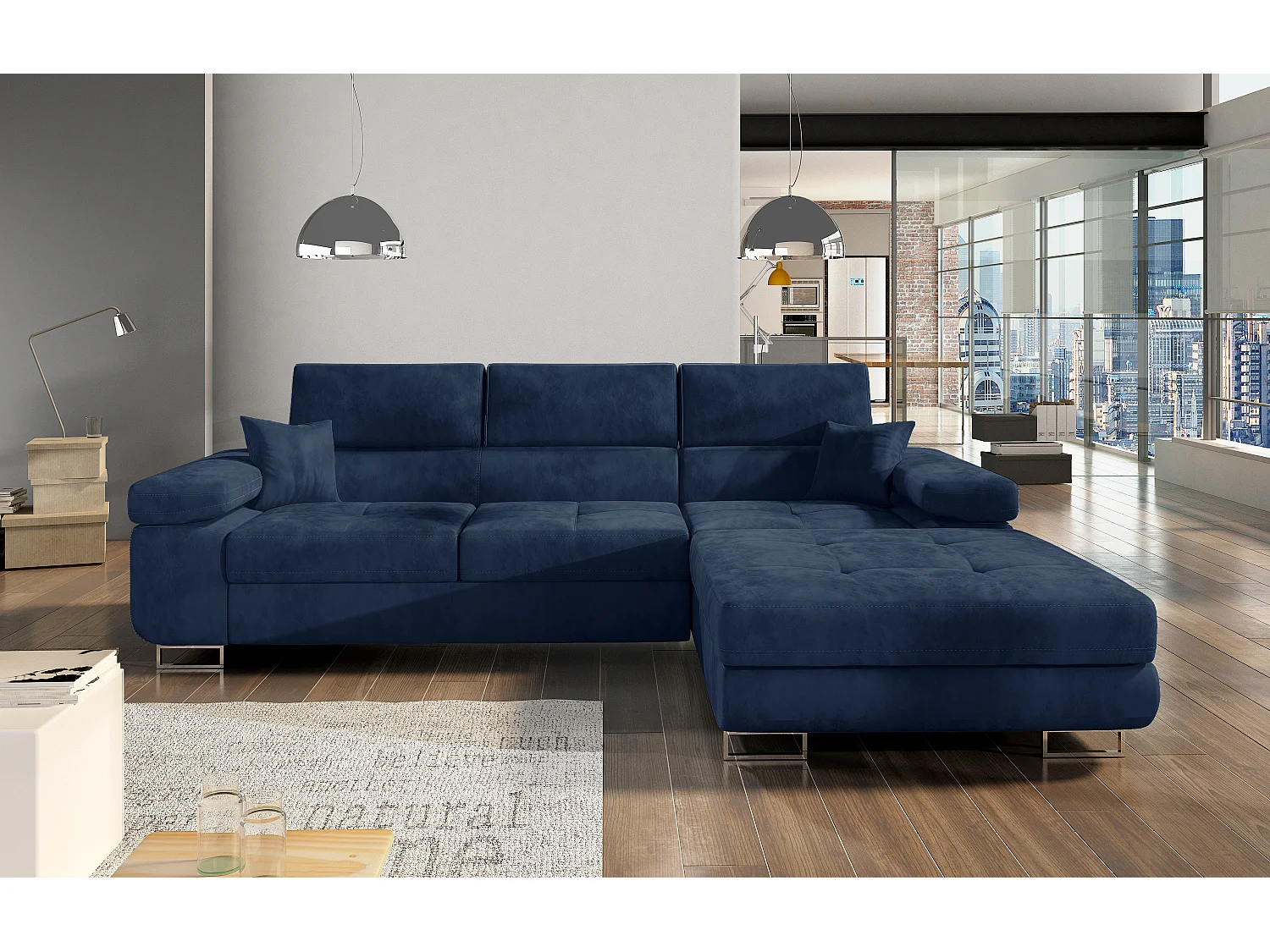 Canapé convertible d'angle droit velours bleu marine avec rangement Wile 280cm