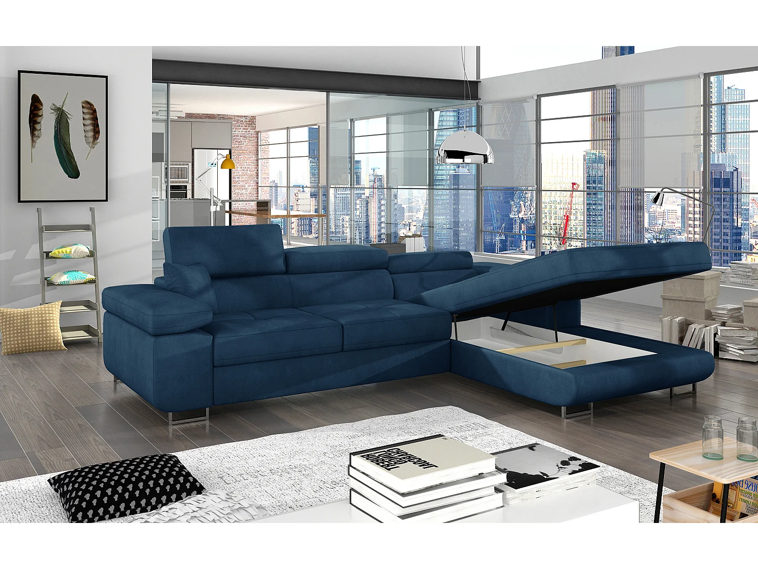 Canapé d'angle convertible velours appuis-tête réglables KALIZO - Coffre et pieds acier chromé-Bleu foncé-angle droit