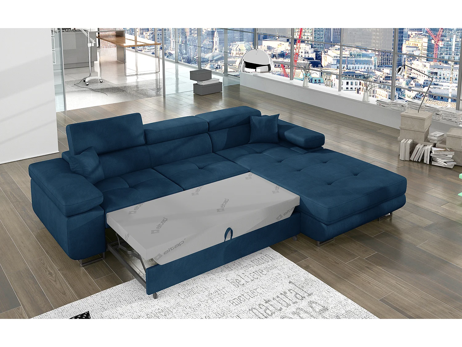 Canapé d'angle convertible velours appuis-tête réglables KALIZO - Coffre et pieds acier chromé-Bleu foncé-angle droit