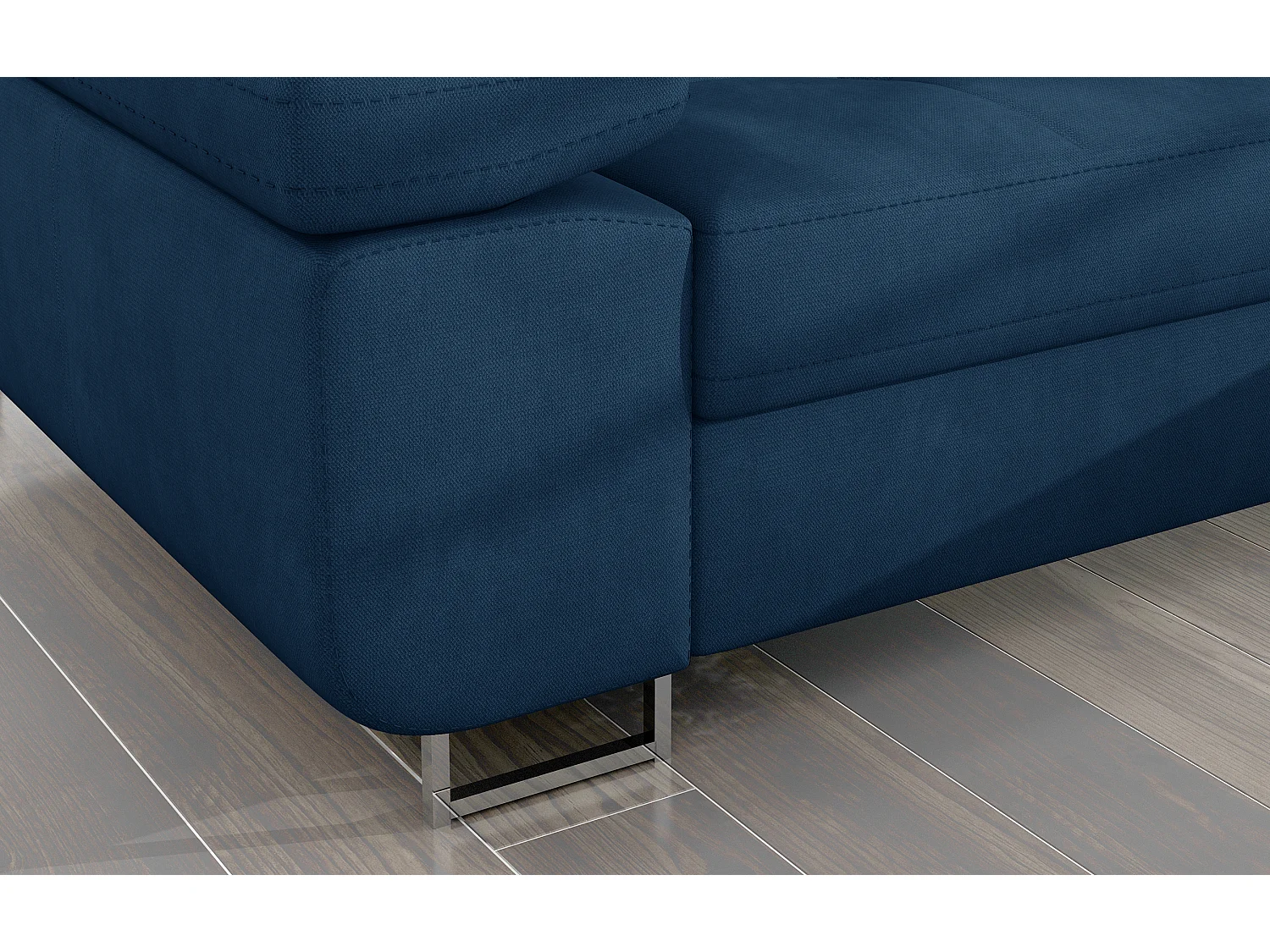 Canapé d'angle convertible velours appuis-tête réglables KALIZO - Coffre et pieds acier chromé-Bleu foncé-angle droit