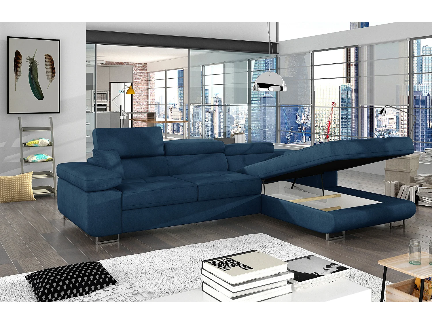 Canapé d'angle convertible velours appuis-tête réglables KALIZO - Coffre et pieds acier chromé-Bleu foncé-angle droit