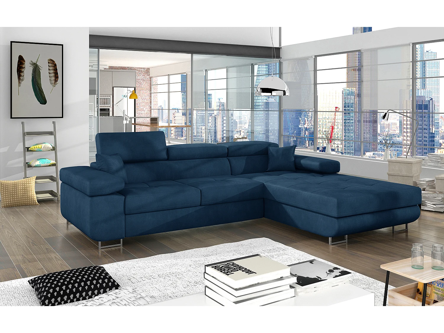 Canapé d'angle convertible velours appuis-tête réglables KALIZO - Coffre et pieds acier chromé-Bleu foncé-angle droit