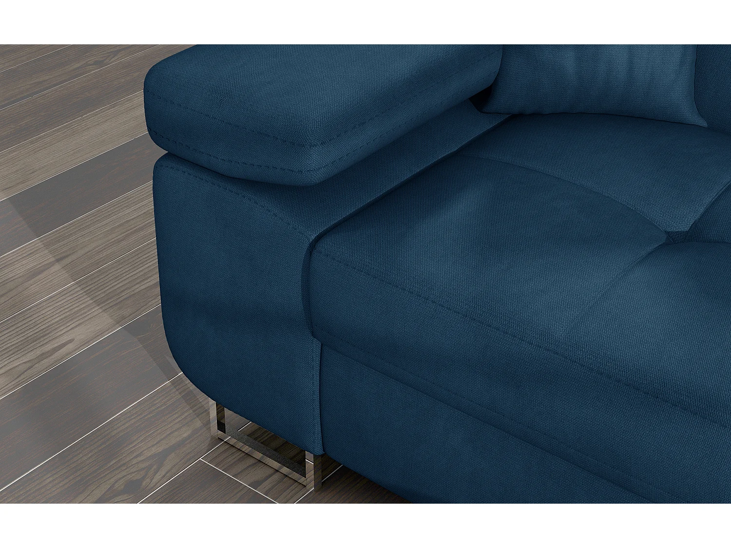 Canapé d'angle convertible velours appuis-tête réglables KALIZO - Coffre et pieds acier chromé-Bleu foncé-angle droit