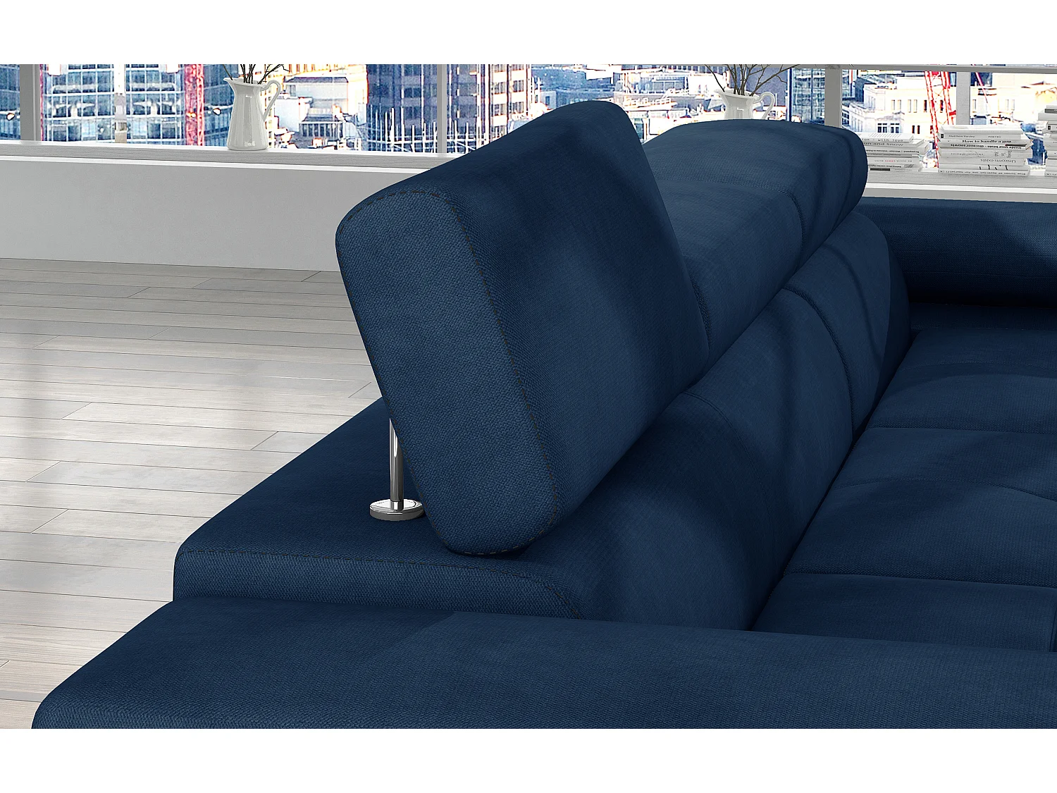 Canapé d'angle convertible velours appuis-tête réglables KALIZO - Coffre et pieds acier chromé-Bleu foncé-angle droit