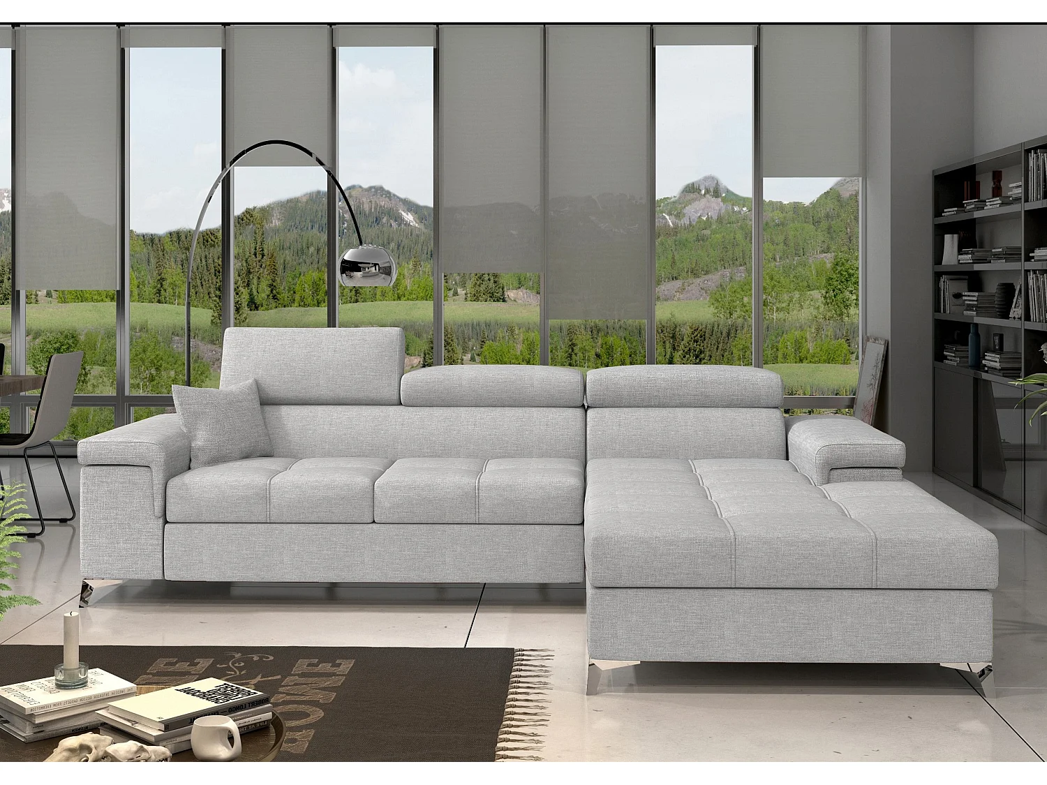 Canapé angle droit convertible tissu gris clair avec appuis-tête réglables Rikaro 280cm