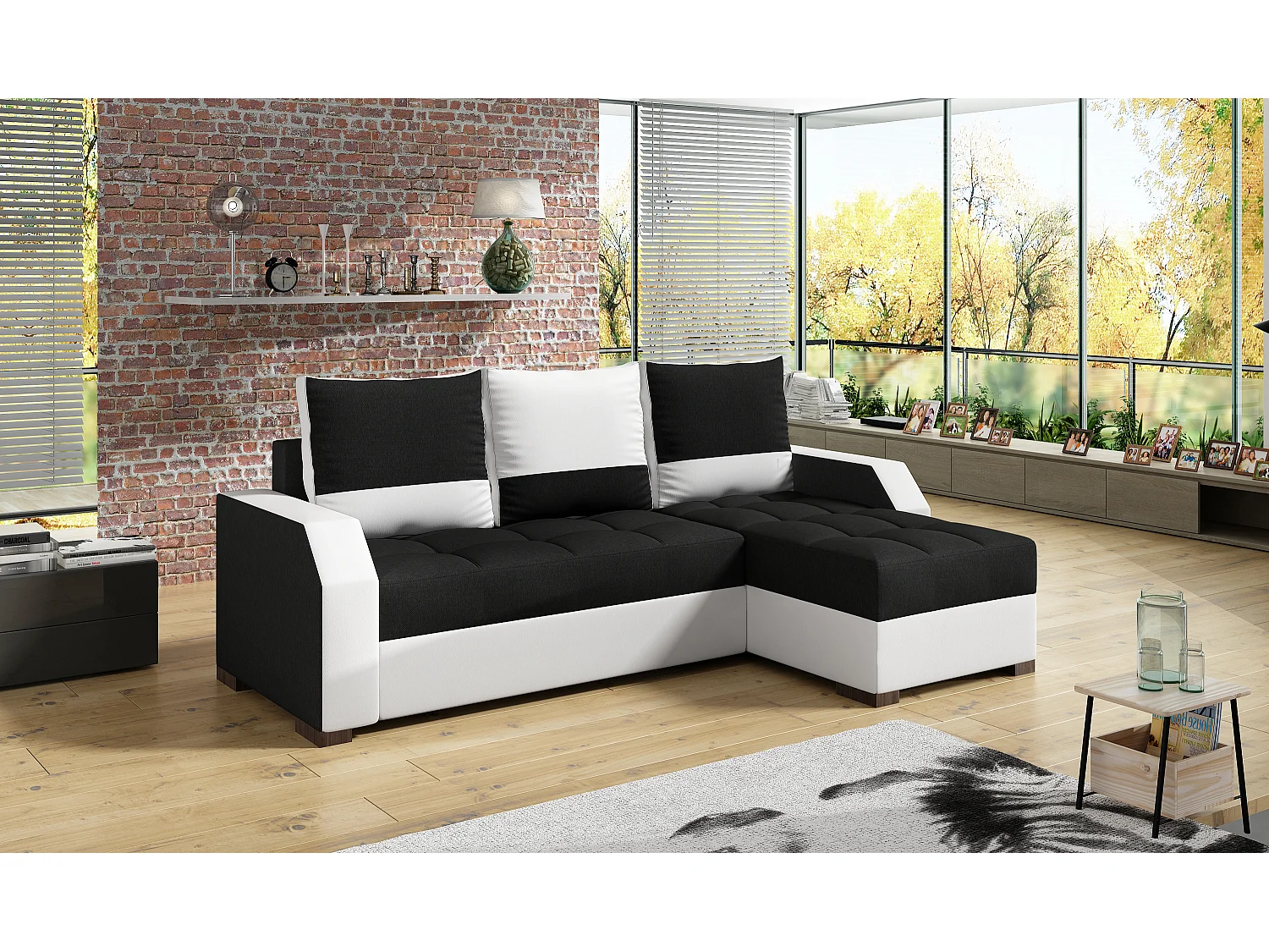 Canapé convertible angle réversible design tissu noir et simili cuir blanc Zarky 250cm