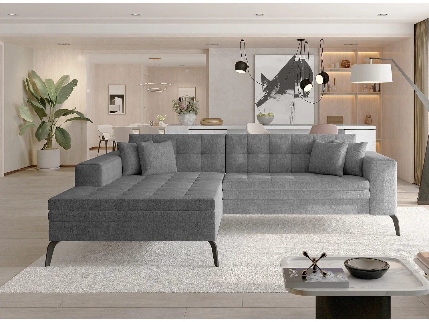 Canapé convertible capitonné angle gauche tissu gris et pieds métal noir Lazor 295cm