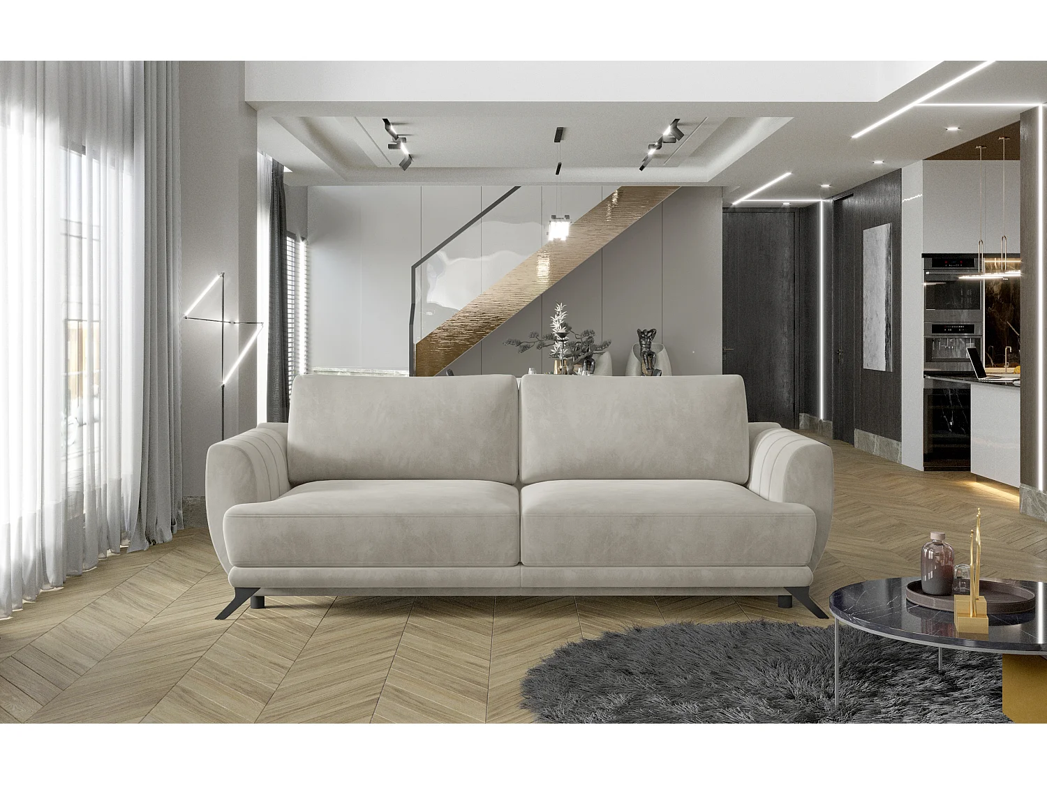 Canapé convertible 3-4 places velours beige clair et pieds métal noir Zora 250cm