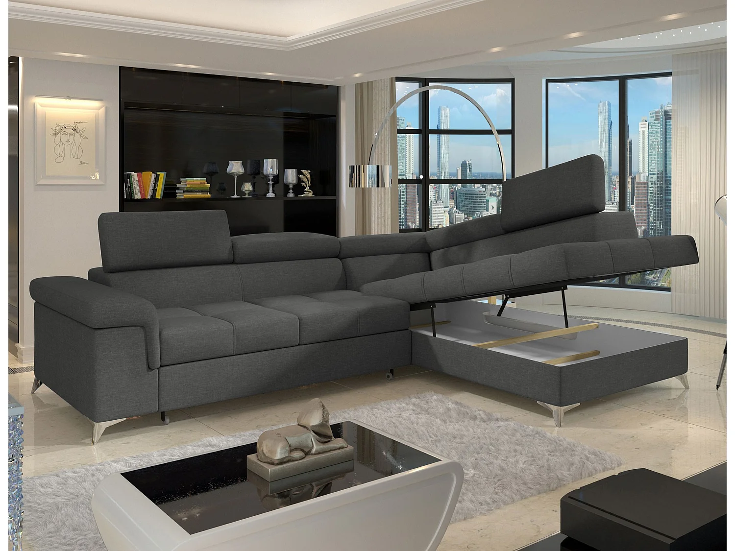 Canapé d'angle convertible tissu MARIDO - Coffre et appuis-tête réglables-Gris-angle droit