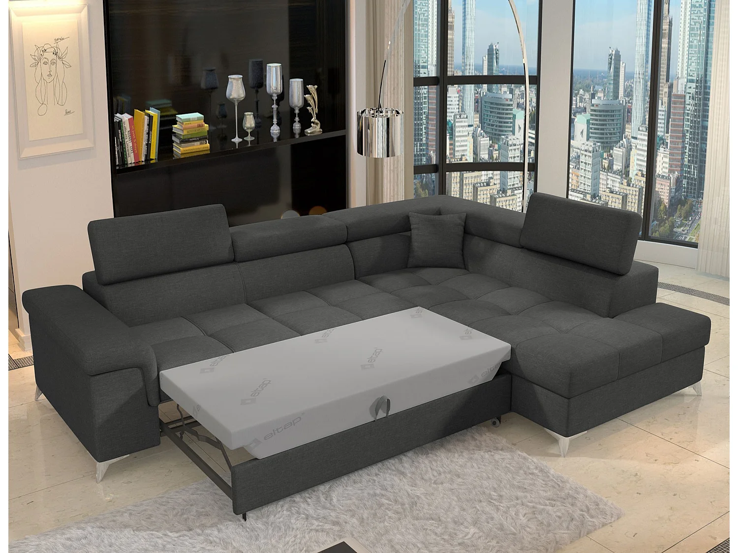 Canapé d'angle convertible tissu MARIDO - Coffre et appuis-tête réglables-Gris-angle droit