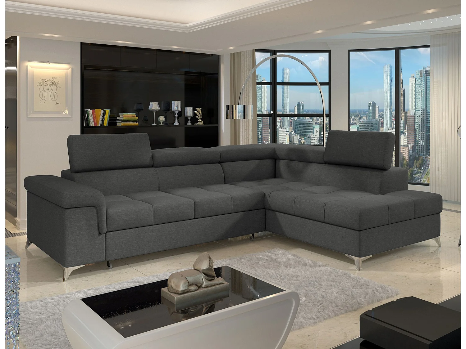 Canapé d'angle convertible tissu MARIDO - Coffre et appuis-tête réglables-Gris-angle droit