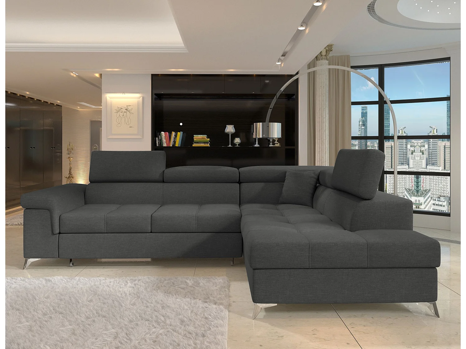 Canapé d'angle convertible tissu MARIDO - Coffre et appuis-tête réglables-Gris-angle droit