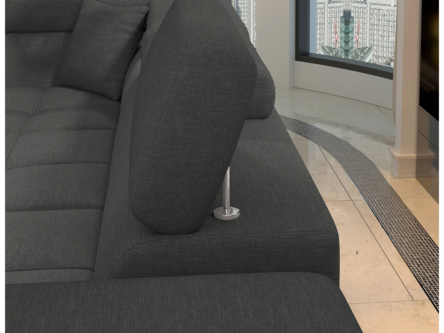 Canapé d'angle convertible tissu MARIDO - Coffre et appuis-tête réglables-Gris-angle droit