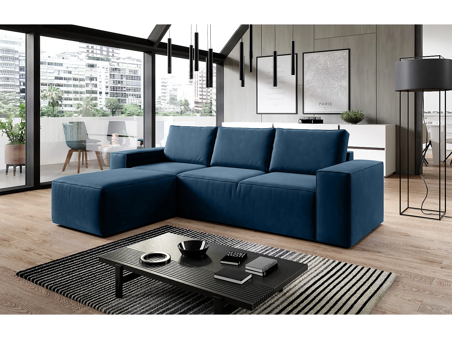 Canapé d'angle gauche convertible moderne tissu bleu foncé Willace 302cm