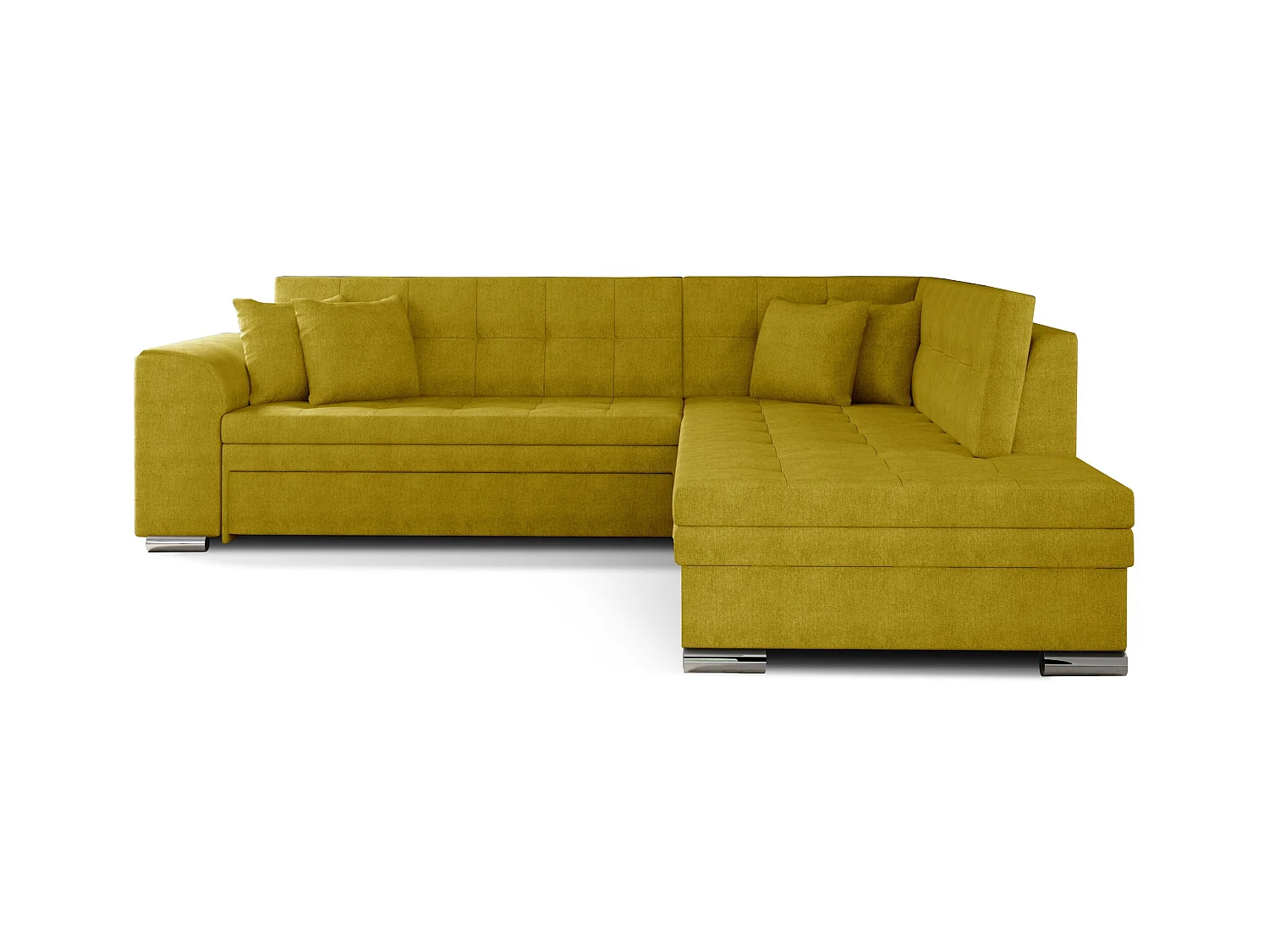 Canapé convertible angle droit tissu jaune moutarde et chromé Pika 260cm
