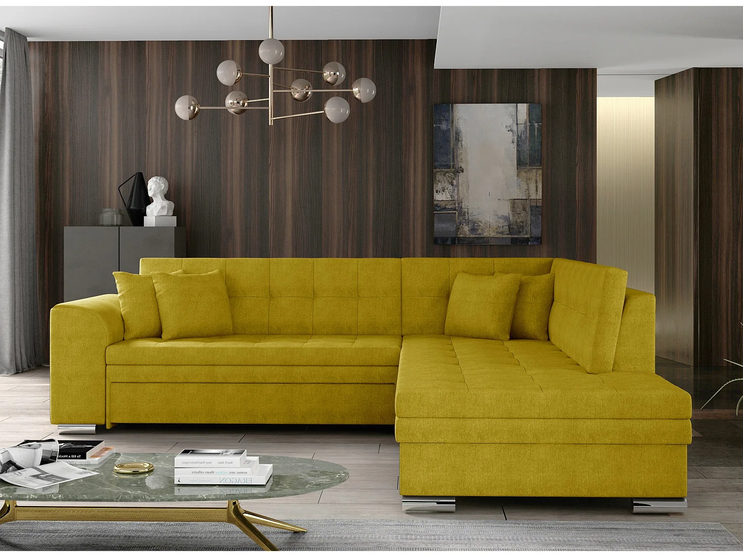 Canapé convertible angle droit tissu jaune moutarde et chromé Pika 260cm