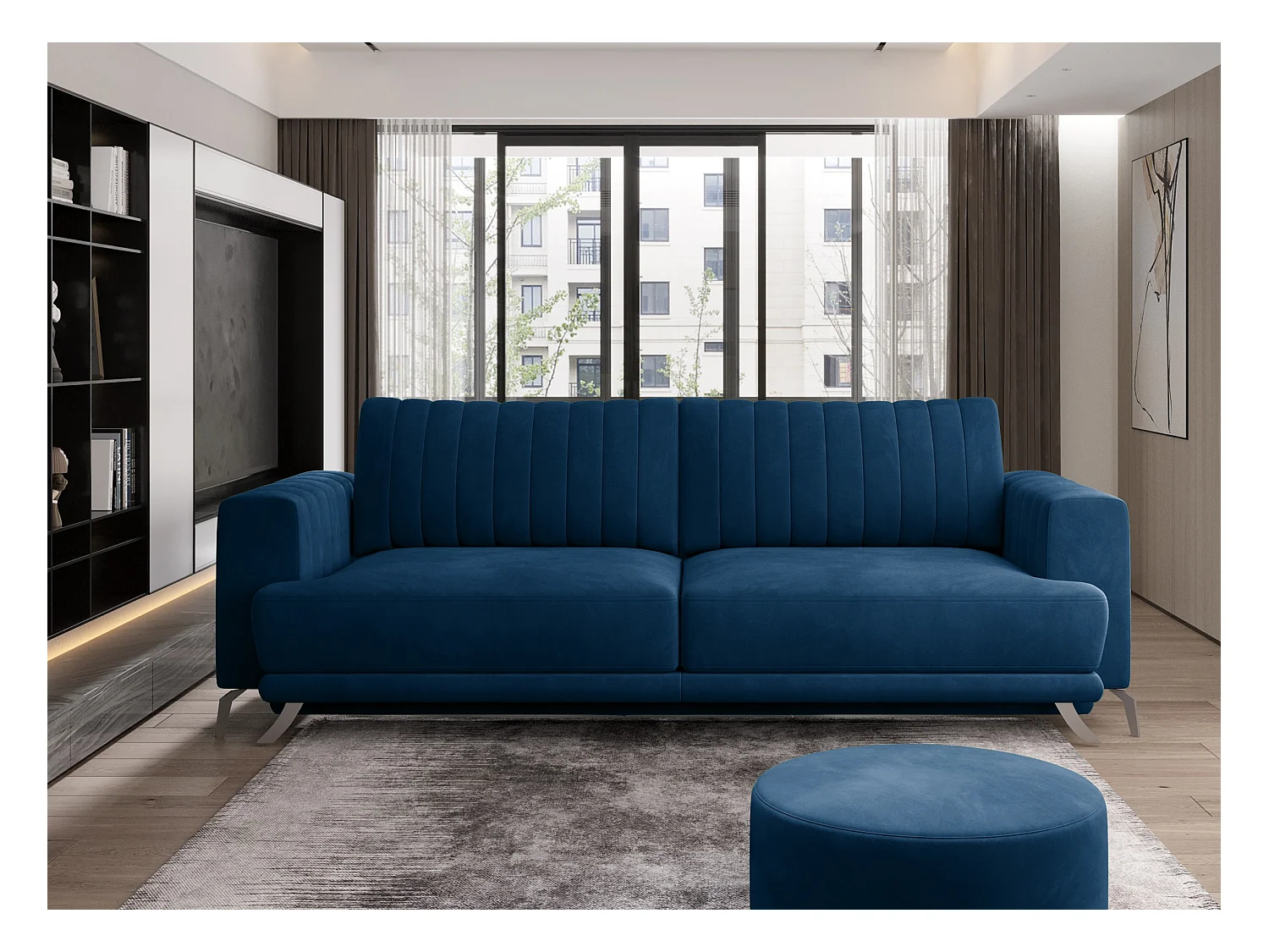 Canapé convertible design 3-4 places velours bleu nuit et pieds acier chromé Eliza 250cm 2