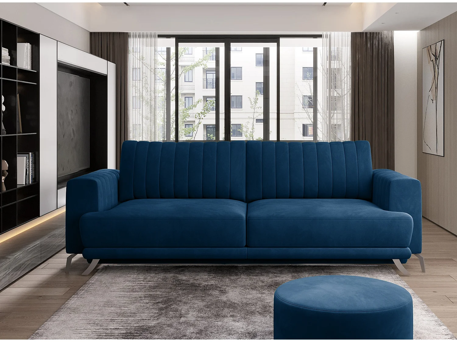 Canapé convertible design 3-4 places velours bleu nuit et pieds acier chromé Eliza 250cm 2