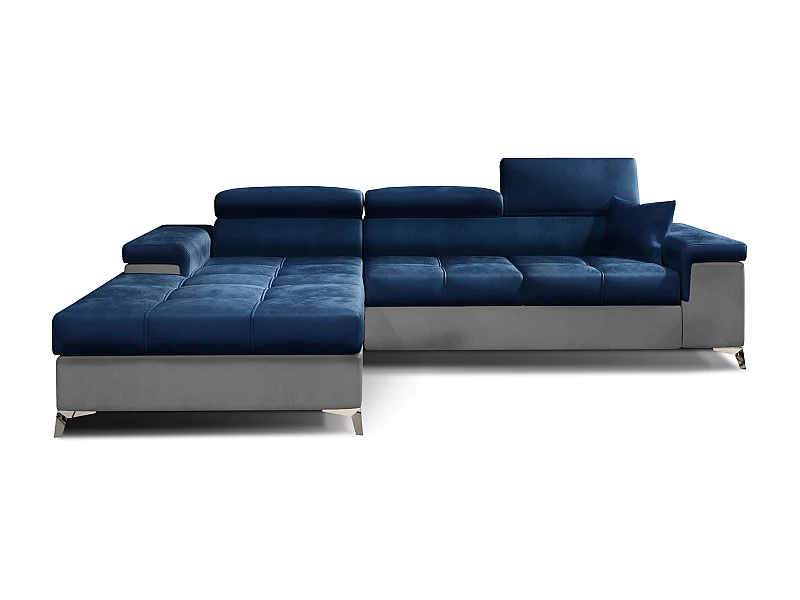 Canapé angle gauche convertible velours bleu marine et gris clair avec appuis-tête réglables Rikaro 280cm
