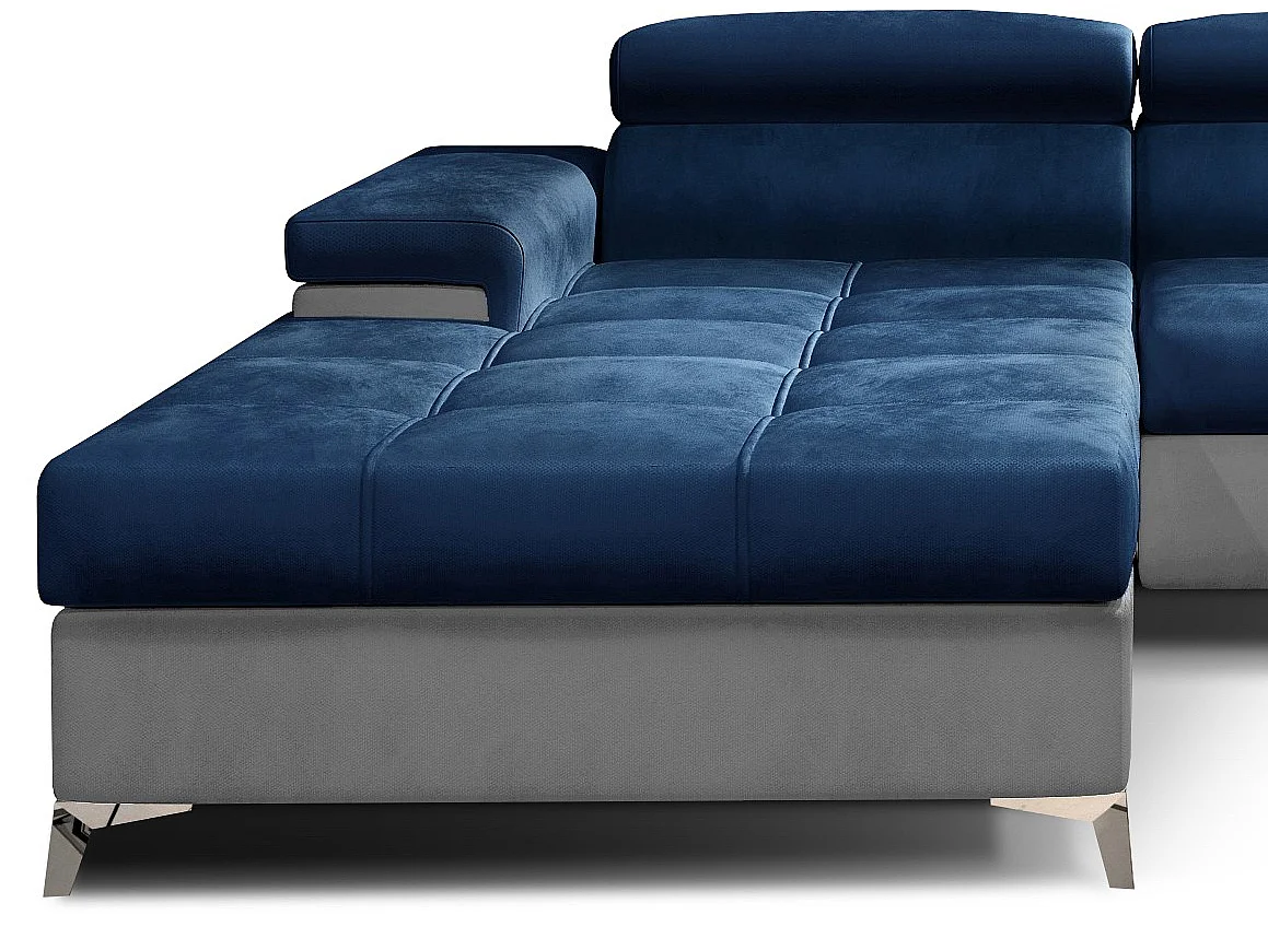 Canapé angle gauche convertible velours bleu marine et gris clair avec appuis-tête réglables Rikaro 280cm