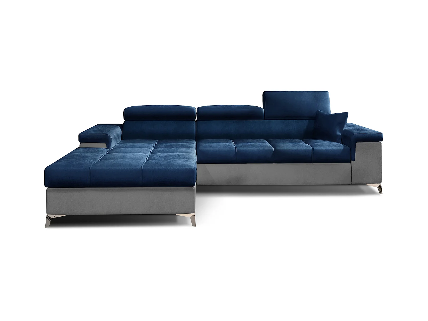 Canapé angle gauche convertible velours bleu marine et gris clair avec appuis-tête réglables Rikaro 280cm