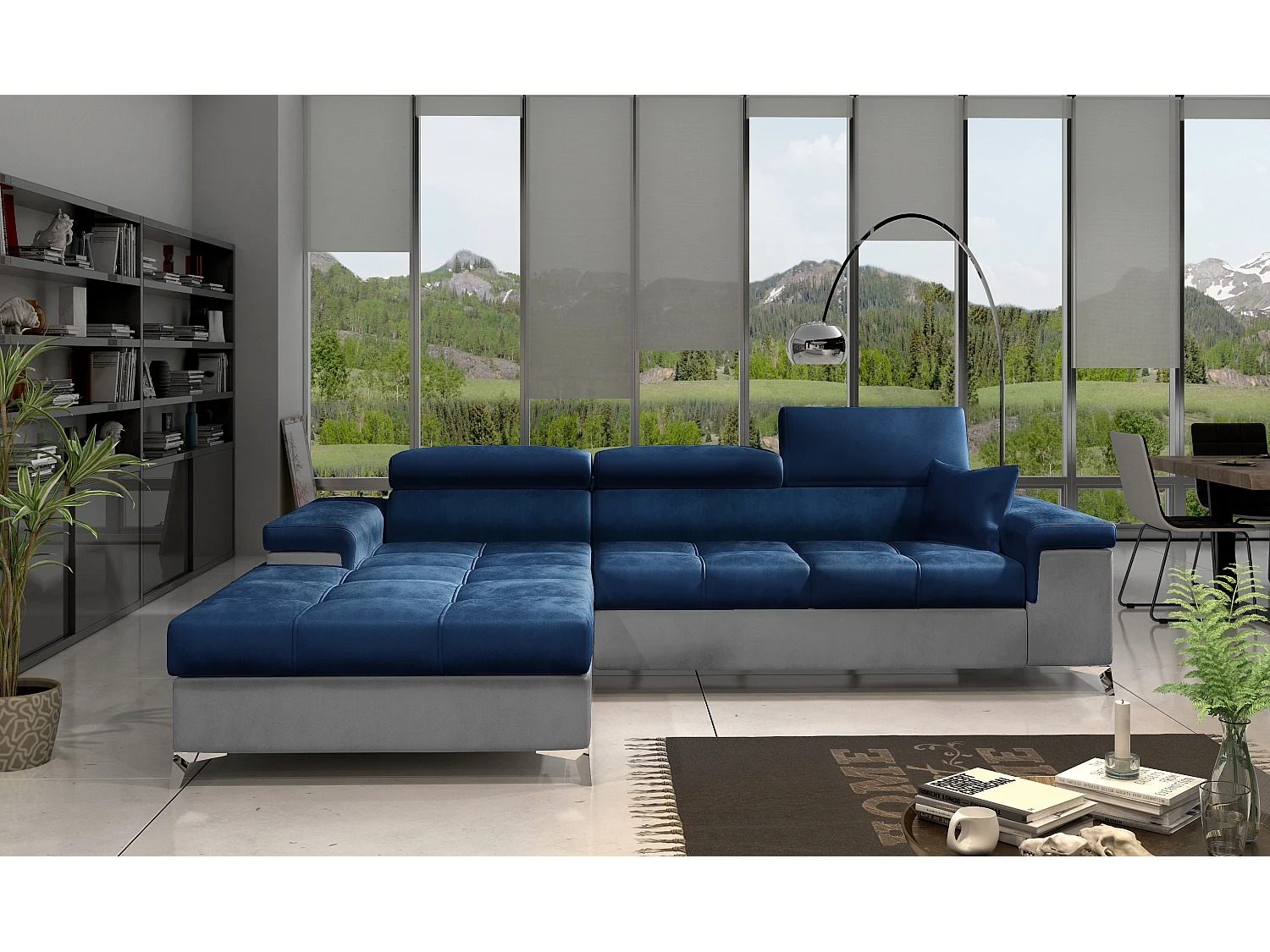 Sofá esquinero convertible RIKARO de terciopelo con reposacabezas ajustables - Base y patas de acero cromado-Gris claro/Azul-Ángulo izquierdo