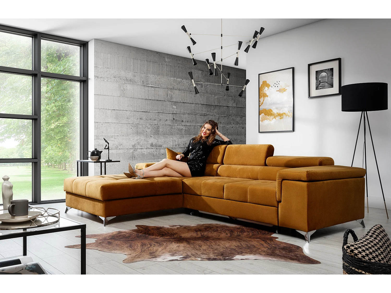 Sofá esquinero convertible RIKARO de terciopelo con reposacabezas ajustables - Base y patas de acero cromado-Gris claro/Azul-Ángulo izquierdo