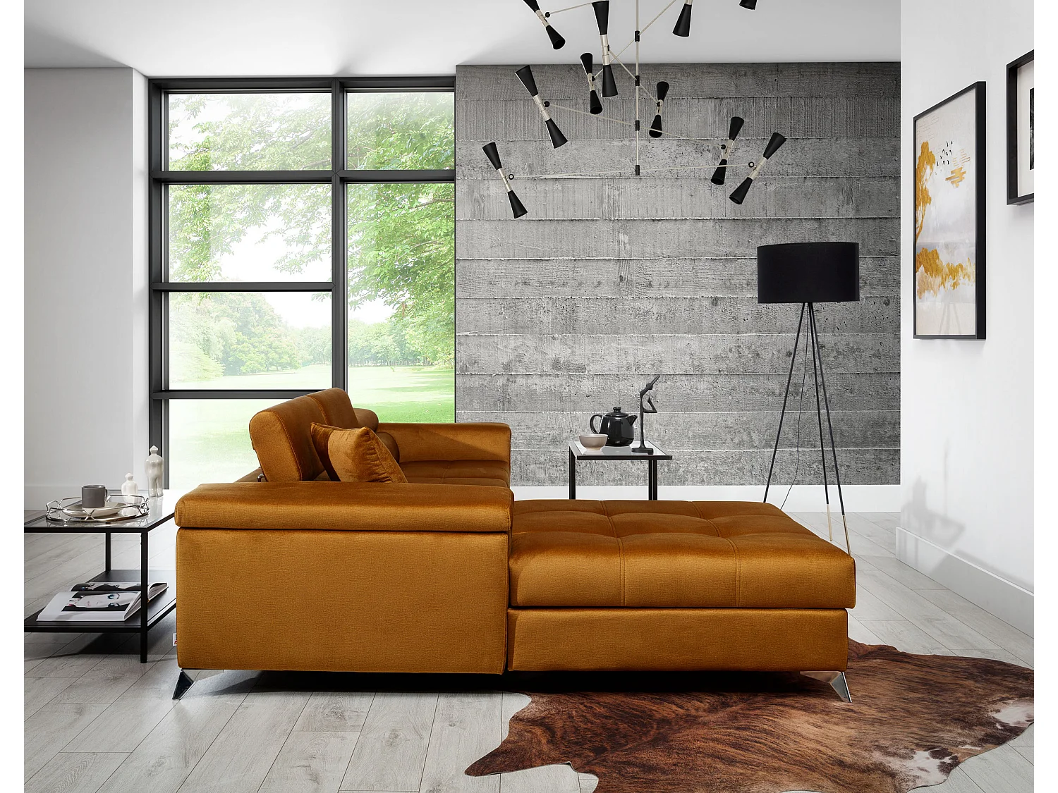 Sofá esquinero convertible RIKARO de terciopelo con reposacabezas ajustables - Base y patas de acero cromado-Gris claro/Azul-Ángulo izquierdo