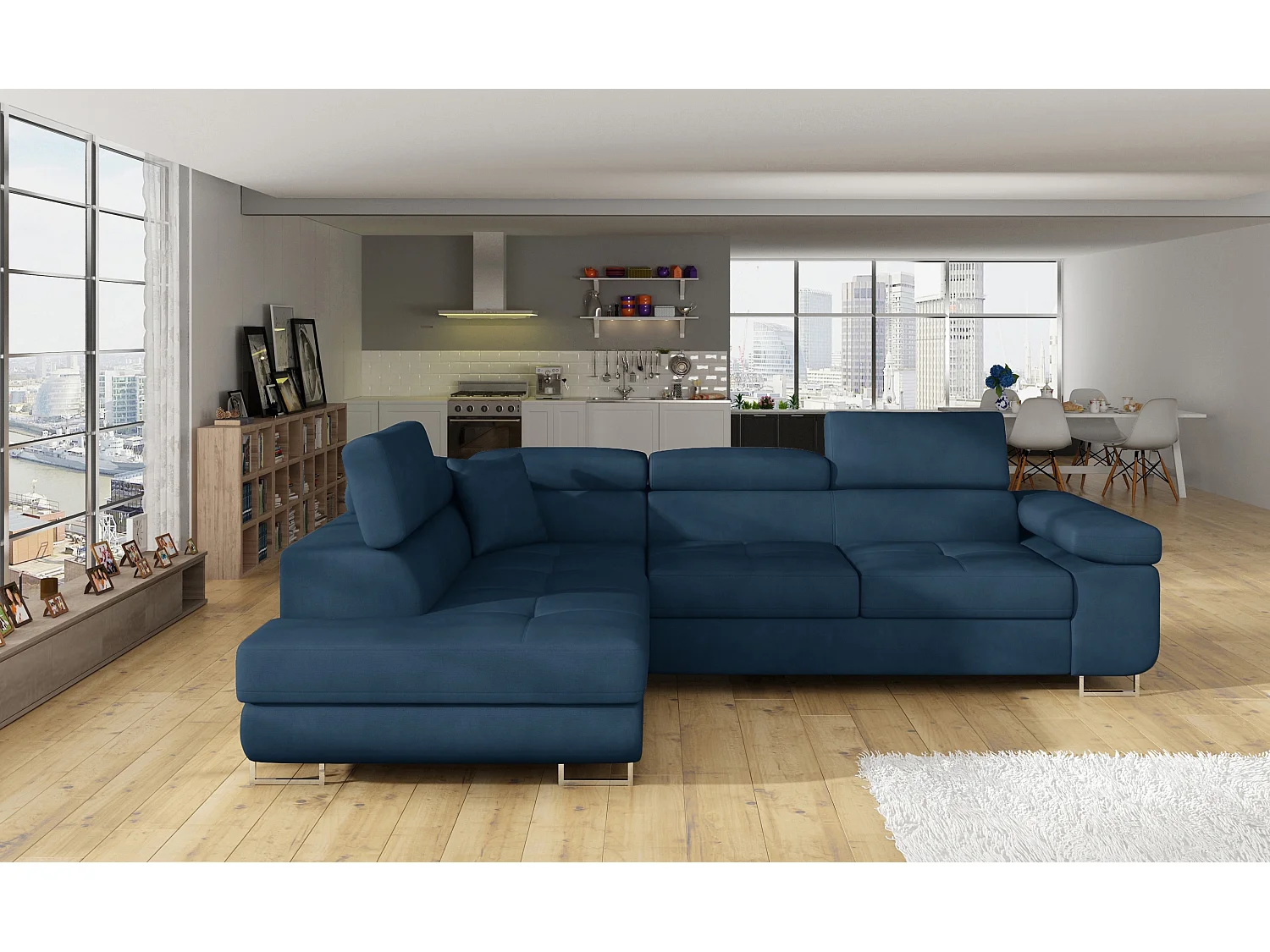 Canapé d'angle gauche convertible velours bleu marine Marka 275cm