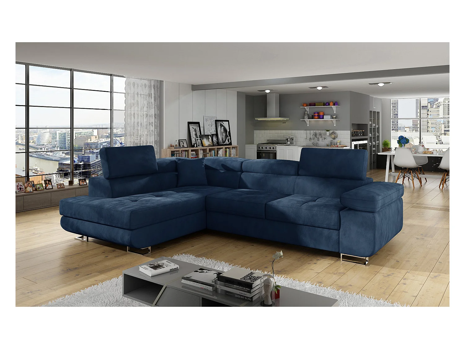 Canapé d'angle gauche convertible velours bleu marine Marka 275cm