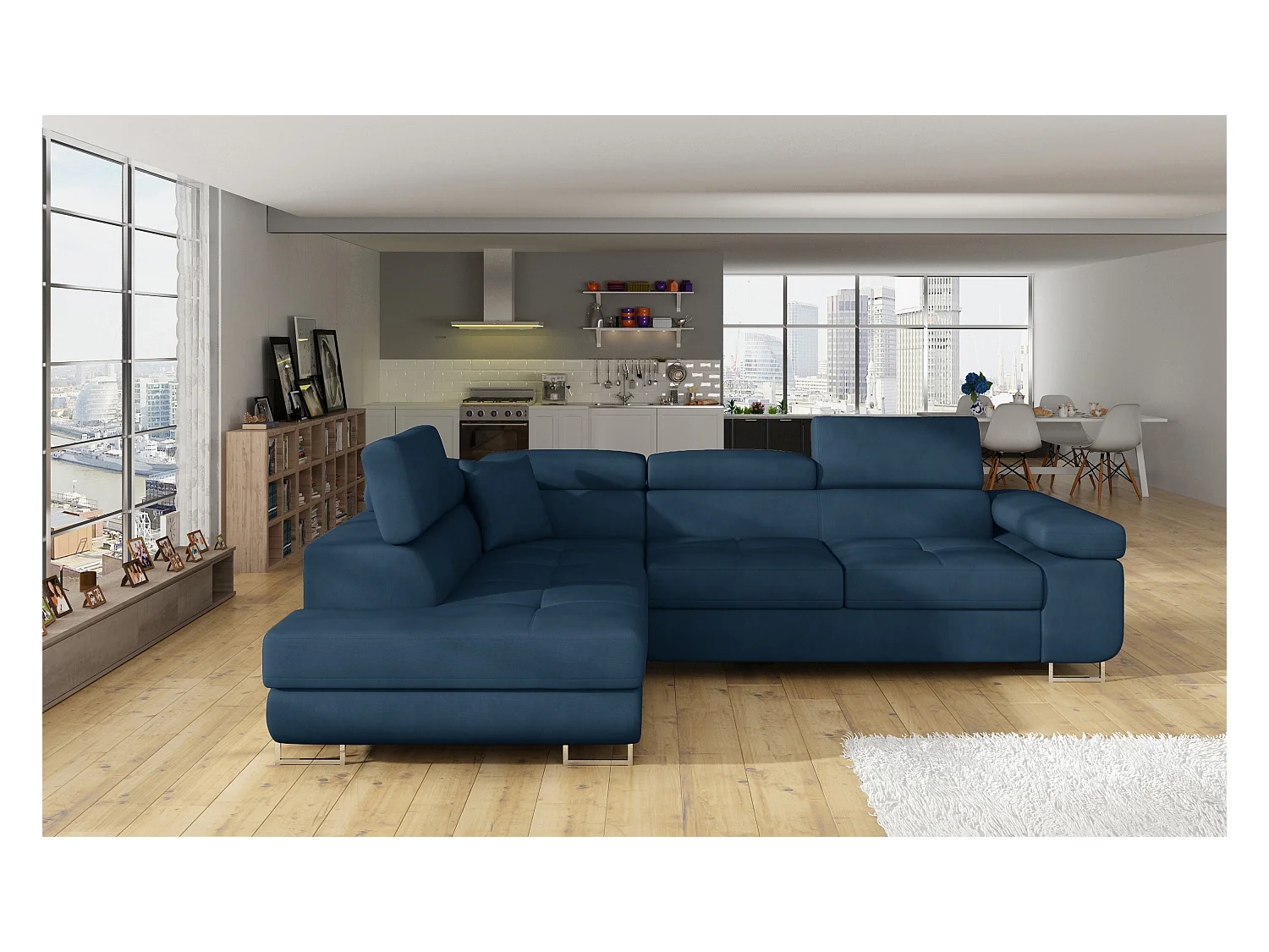 Canapé d'angle gauche convertible velours bleu marine Marka 275cm